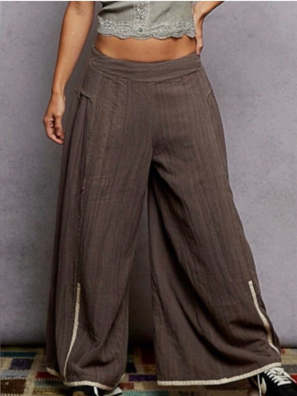 POL Vintage Side Ruffle Detail Wide Pants - Charcoal